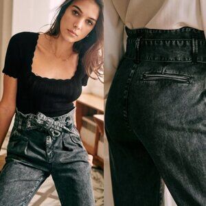 Sezane Austin High Rise Denim Trouser Paperbag Waist Size 34 French Jeans 2 Jean